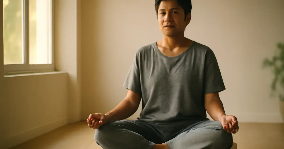 Person meditating in a bright room representing stress management and the gut-brain axis connection