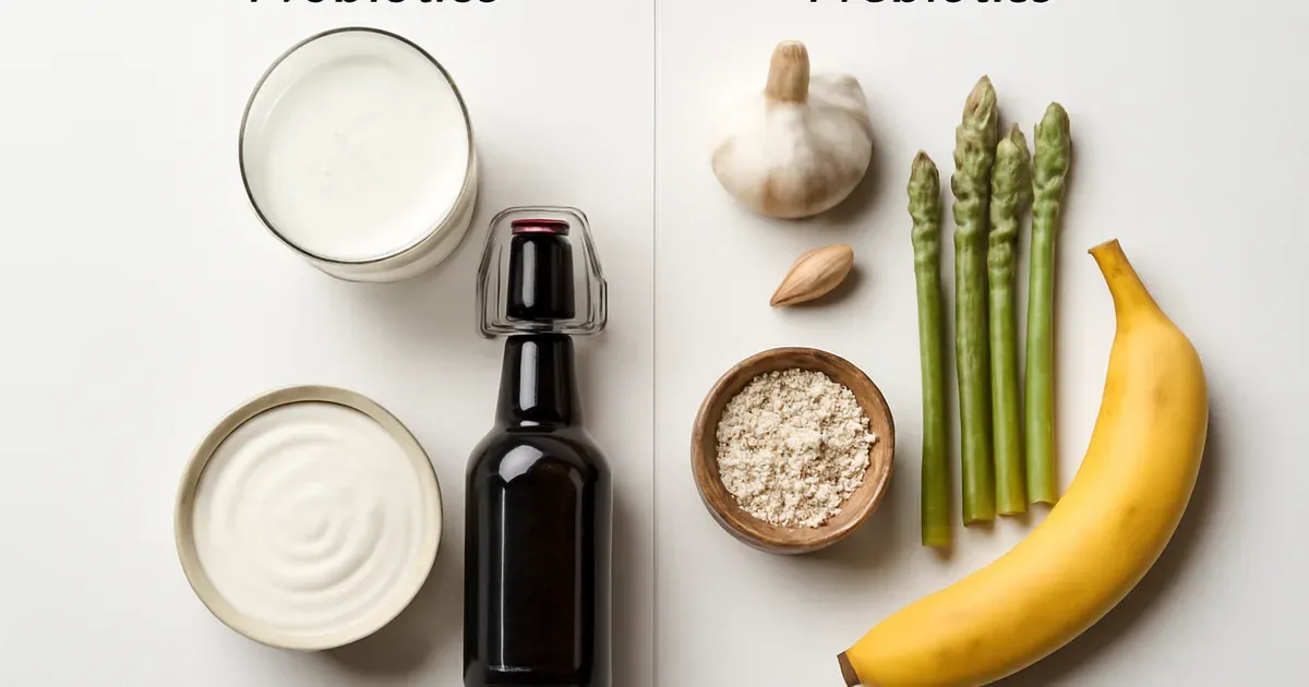 Split flat-lay of probiotic foods like kefir and yoghurt next to prebiotic foods like garlic oats and asparagus