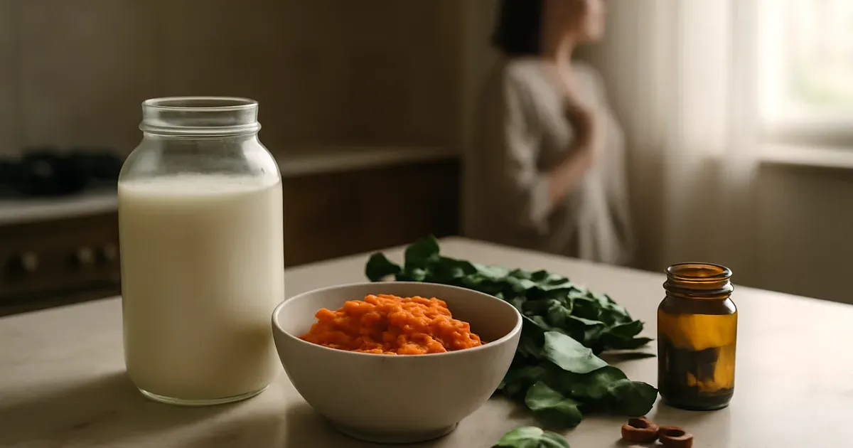 Gut health foods including fermented vegetables and probiotics supporting the gut-brain connection on a kitchen counter