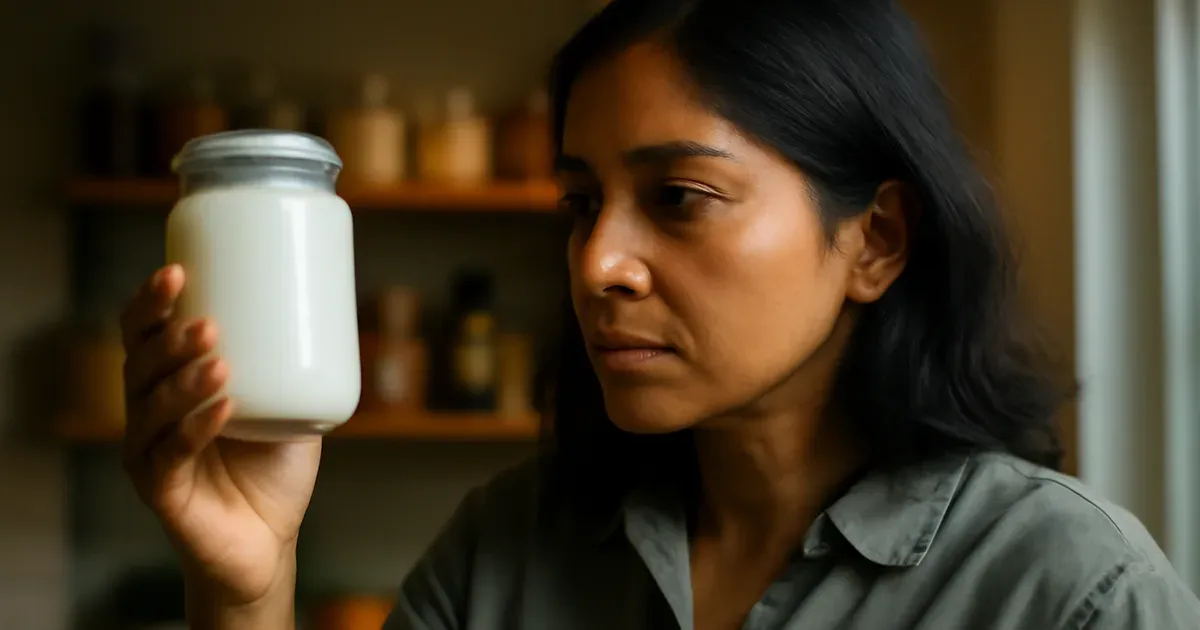 Woman reading food label on live yoghurt to support gut microbiome recovery after antibiotics in the UK