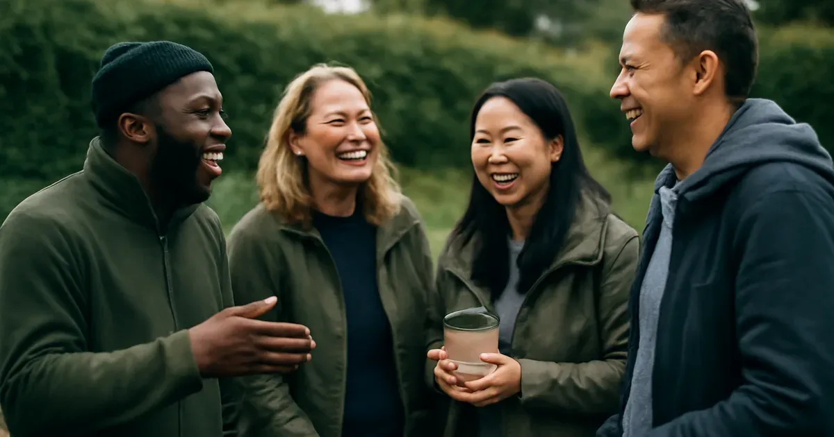 Diverse group of UK adults socialising outdoors, supporting gut-brain axis health through positive social connection