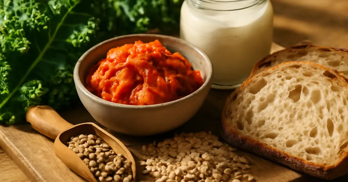 Colorful array of fiber-rich and fermented foods that support gut microbiome diversity and gut health and immunity