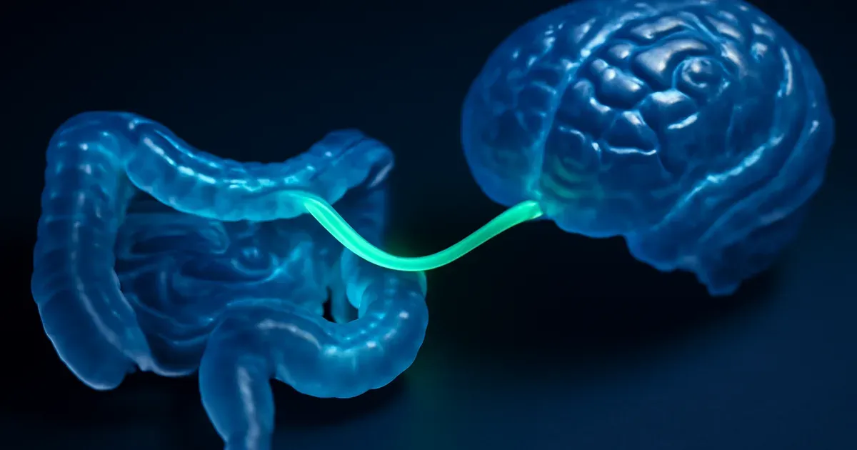Conceptual illustration of the gut-brain axis showing bidirectional communication between the brain and gut microbiome affecting immunity