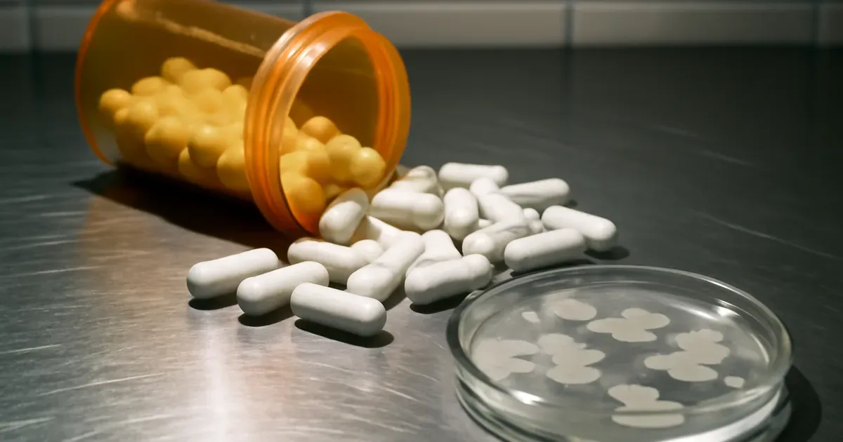 Antibiotic capsules beside bacterial culture dish illustrating how antibiotics disrupt gut microbiome and colonization resistance