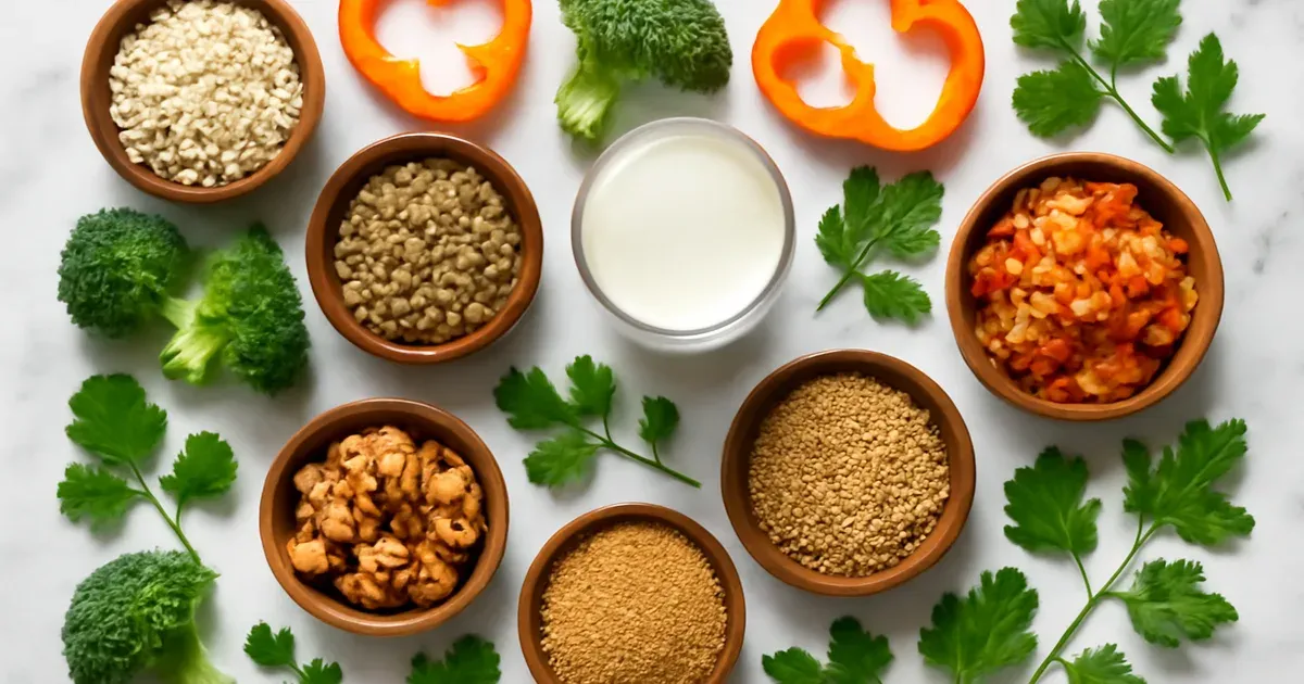 Overhead view of 30 diverse plant foods and fermented ingredients that support gut health and microbiome diversity in men over 40