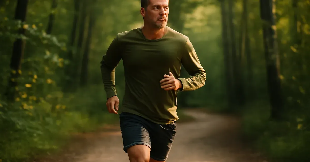 Man over 40 jogging through a forest trail — regular exercise increases gut microbiome diversity and butyrate-producing bacteria