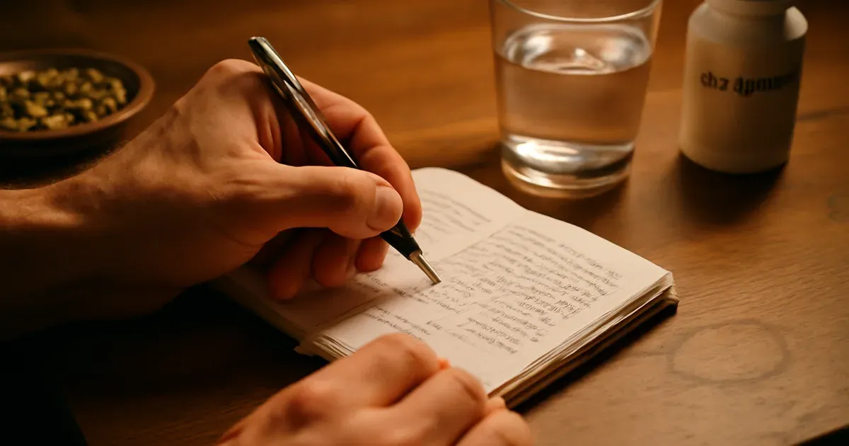 Man tracking gut health habits in a journal with probiotics and hydration tools nearby — personalised gut-healing plan for men over 40