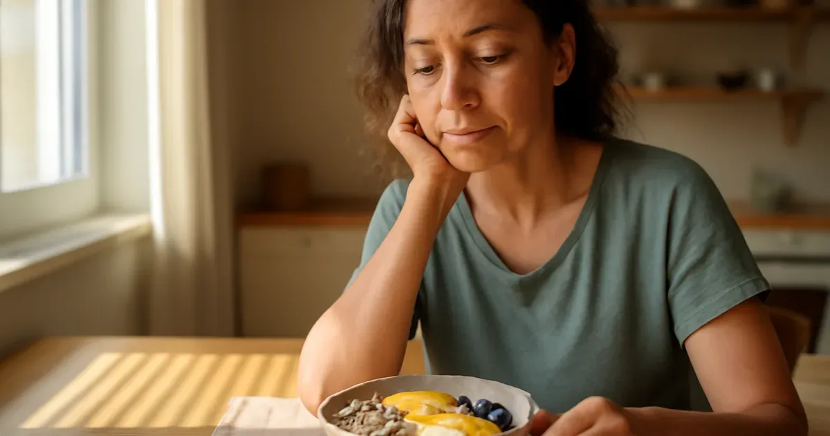 Woman in perimenopause eating gut-healthy foods including yogurt, fruit and seeds to support gut health during menopause