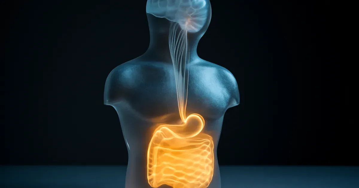 Illustration of the gut-brain axis showing microbiome nodes connecting the digestive system to the brain during menopause