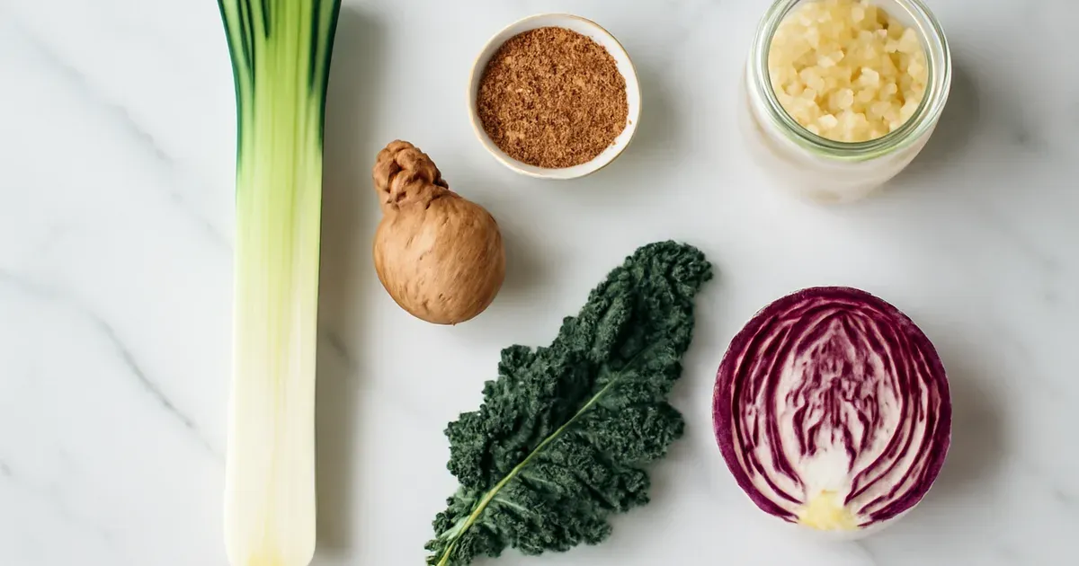 Estrobolome-supporting foods including leeks, flaxseeds and fermented vegetables arranged on marble surface