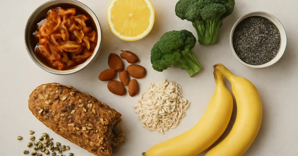 Flat-lay of gut-healthy foods for menopause including kimchi, lentils, chia seeds, oats and broccoli