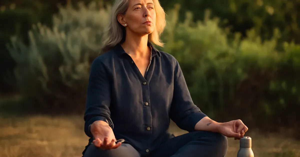 Woman in midlife meditating outdoors with water bottle to support gut health and stress management during menopause