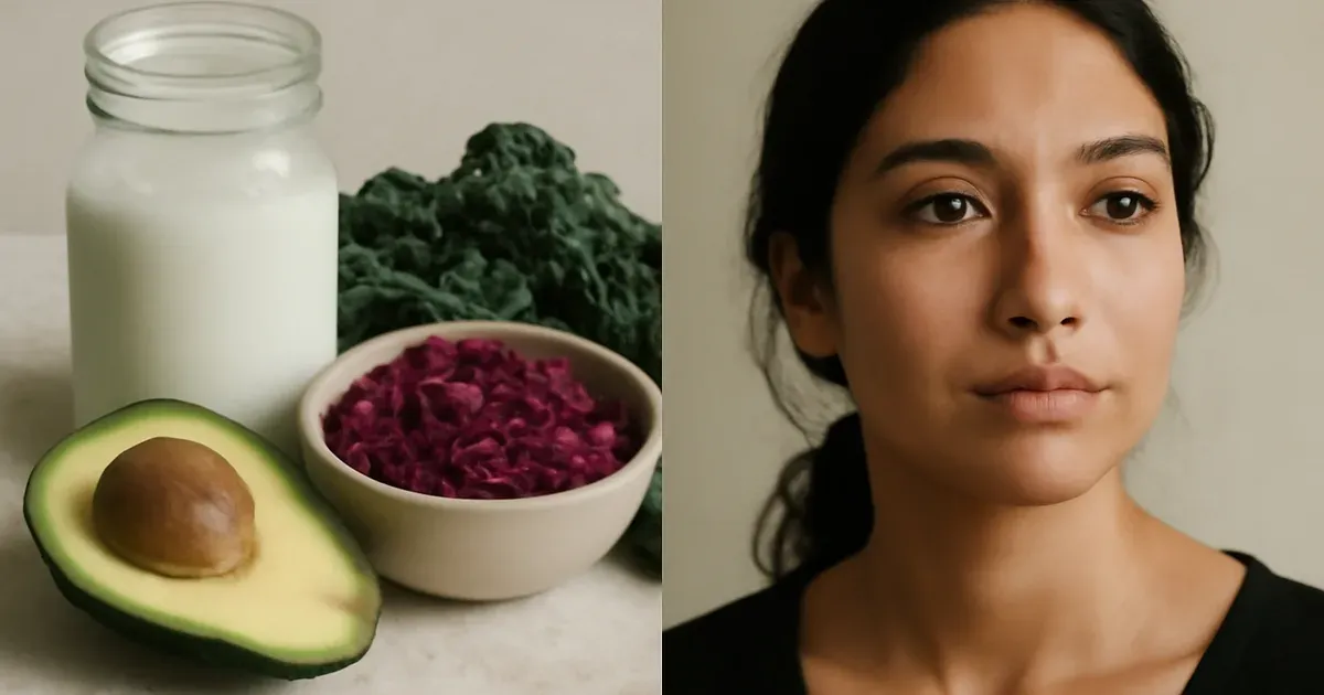 Gut health microbiome foods alongside woman with glowing skin illustrating the gut-skin axis connection
