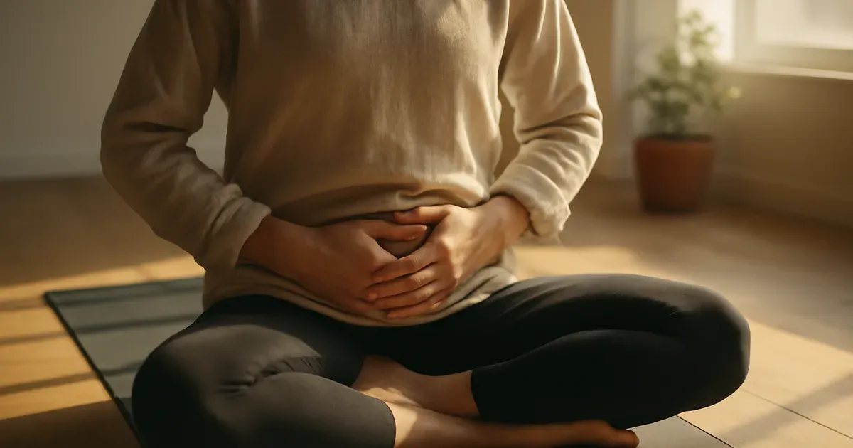 Person meditating with hands on abdomen near sunny window — stress management for gut-brain axis health