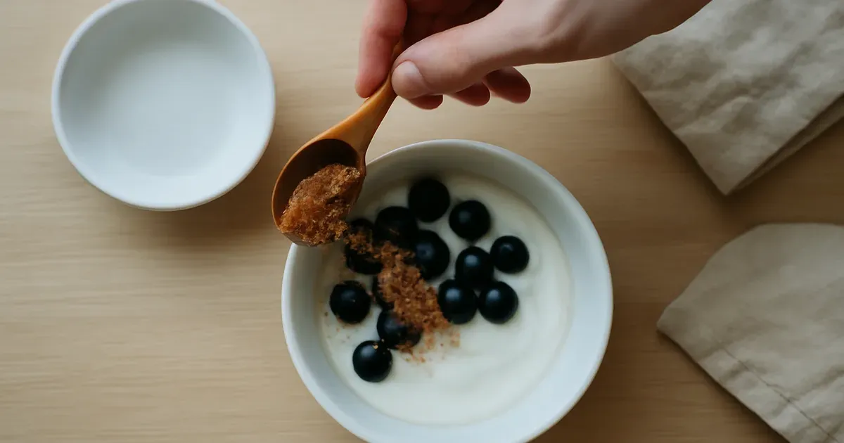 Person adding ground flax seeds to yogurt with blueberries — simple prebiotic gut health habit