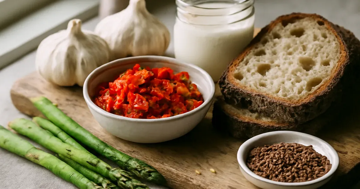 Fermented and prebiotic foods including kimchi, kefir, garlic, and asparagus for gut microbiome health