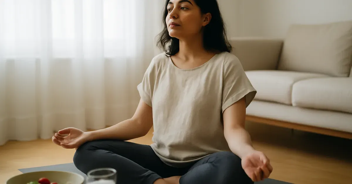 Woman practising mindfulness to support the gut-brain connection and improve gut health naturally in the UK
