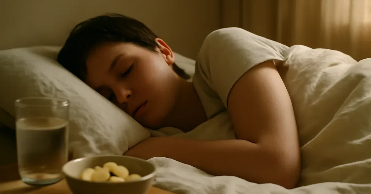 Person sleeping peacefully with prebiotic foods nearby, representing the gut-sleep connection and gut health
