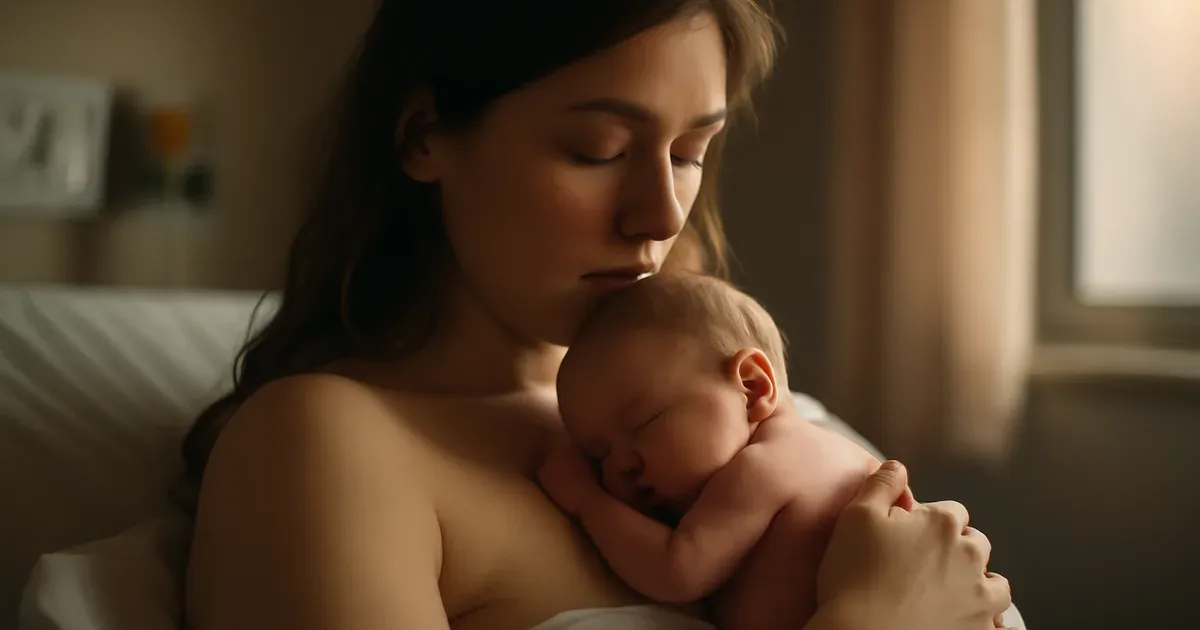 Newborn baby held by mother representing early gut microbiome development after birth