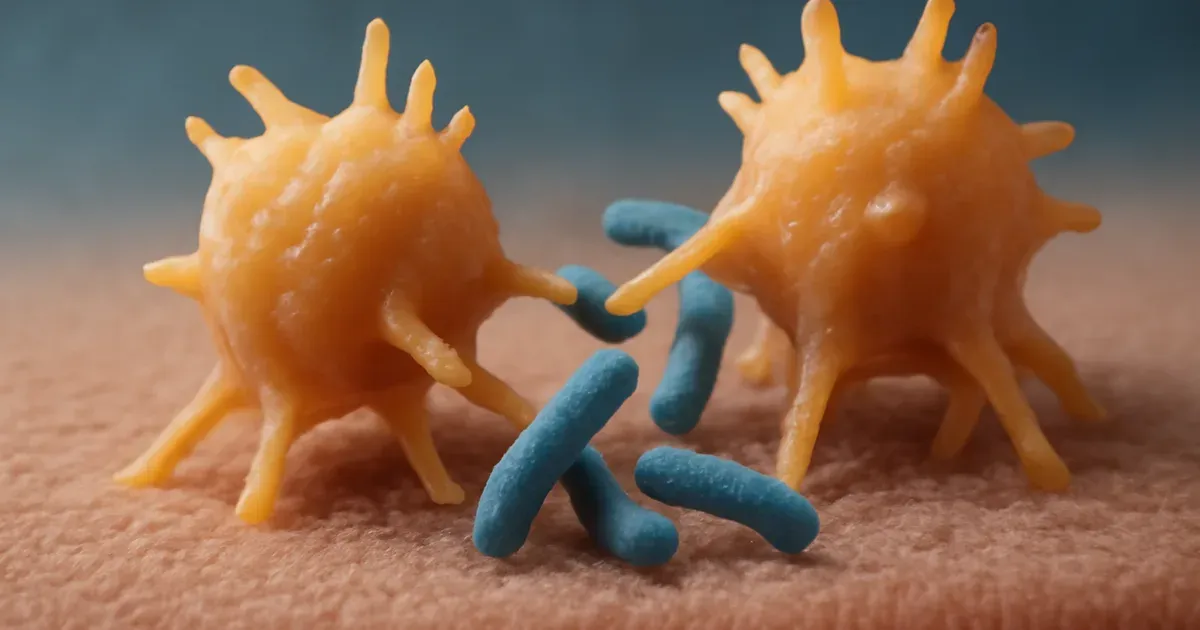 Dendritic cells and macrophages interacting with gut bacteria along the intestinal wall in the immune system