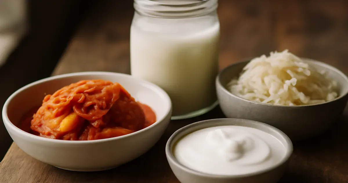 Colourful fermented foods including kimchi, kefir and sauerkraut that support gut microbiome diversity and immune health