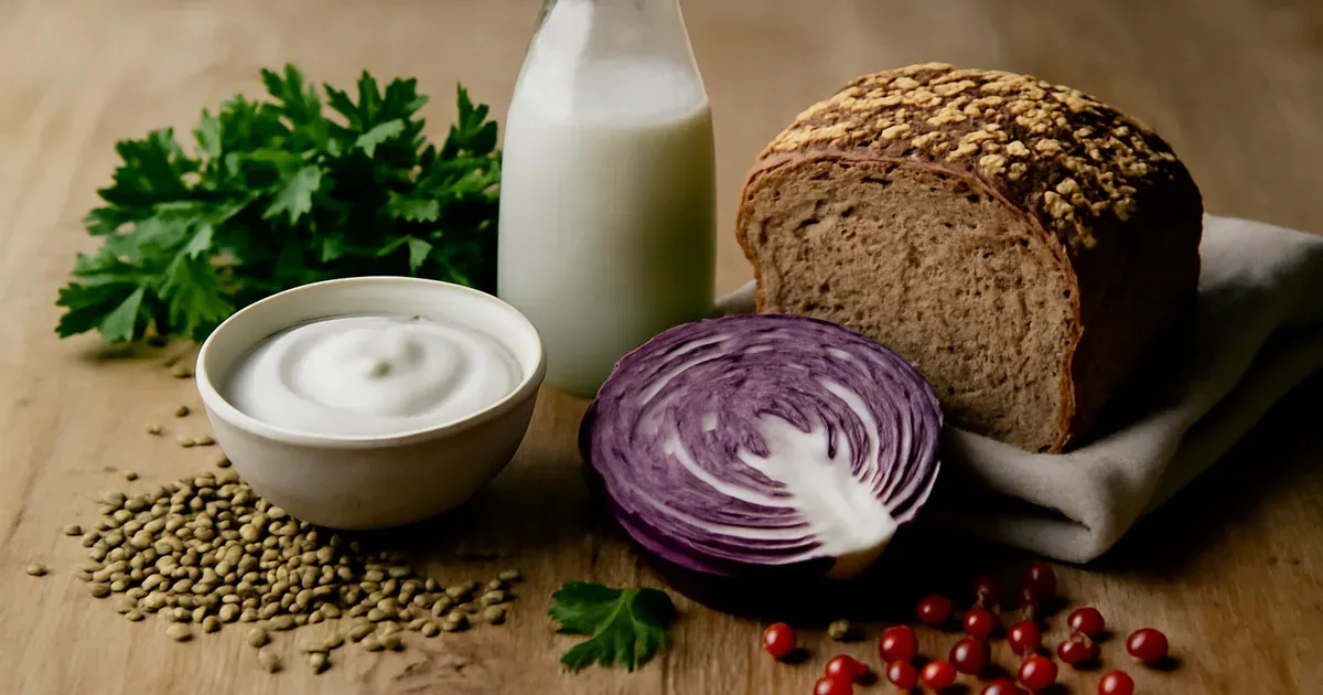 Gut-healthy British foods including wholegrains, live yoghurt, kefir and vegetables to support microbiome UK diversity