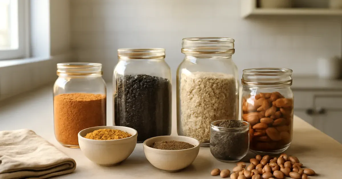 Assortment of high-fiber foods including legumes, grains, nuts and seeds displayed on a kitchen counter