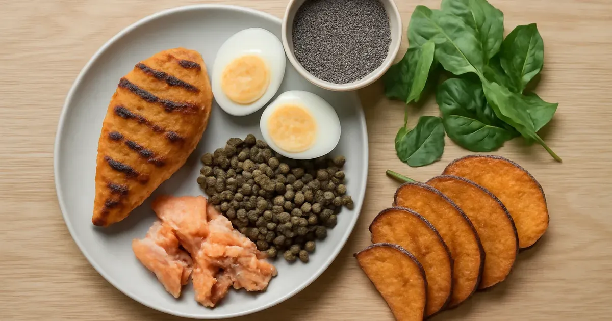 High-protein diet fiber gut health meal spread showing chicken, eggs, lentils, spinach and chia seeds on wooden table