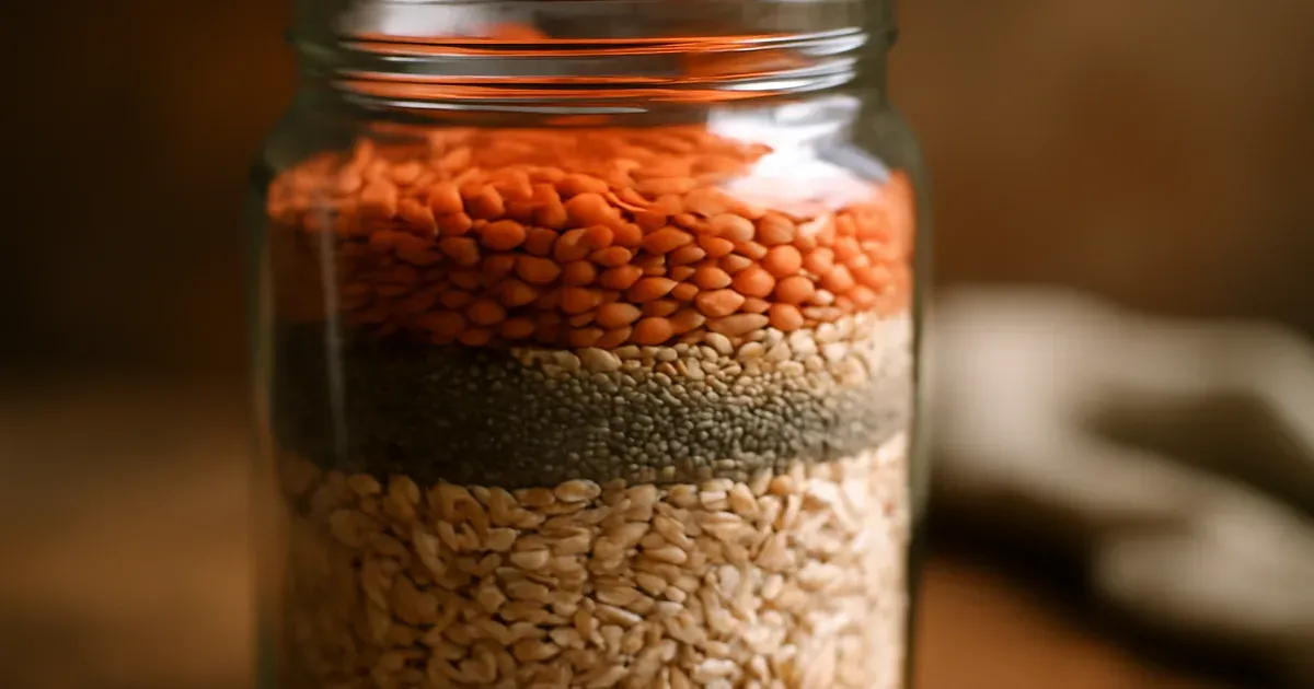 Gut microbiome diversity concept jar filled with high-fiber grains and seeds supporting high-protein diet fiber balance