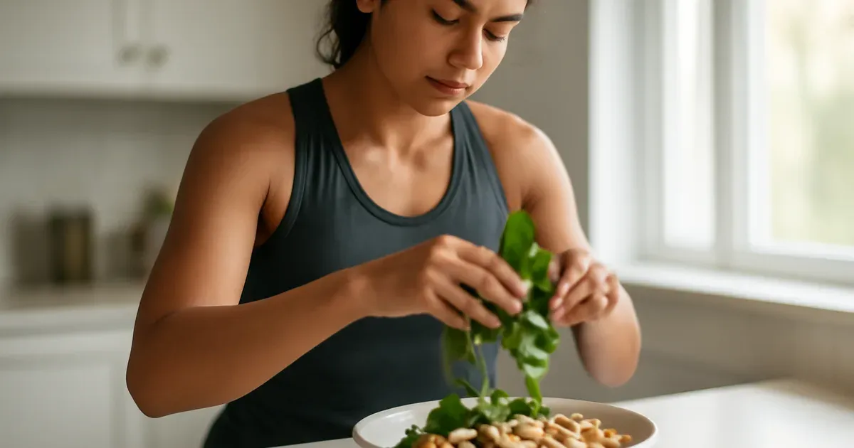 Athlete adding fiber-rich spinach and chickpeas to high-protein meal supporting gut-brain axis and microbiome health