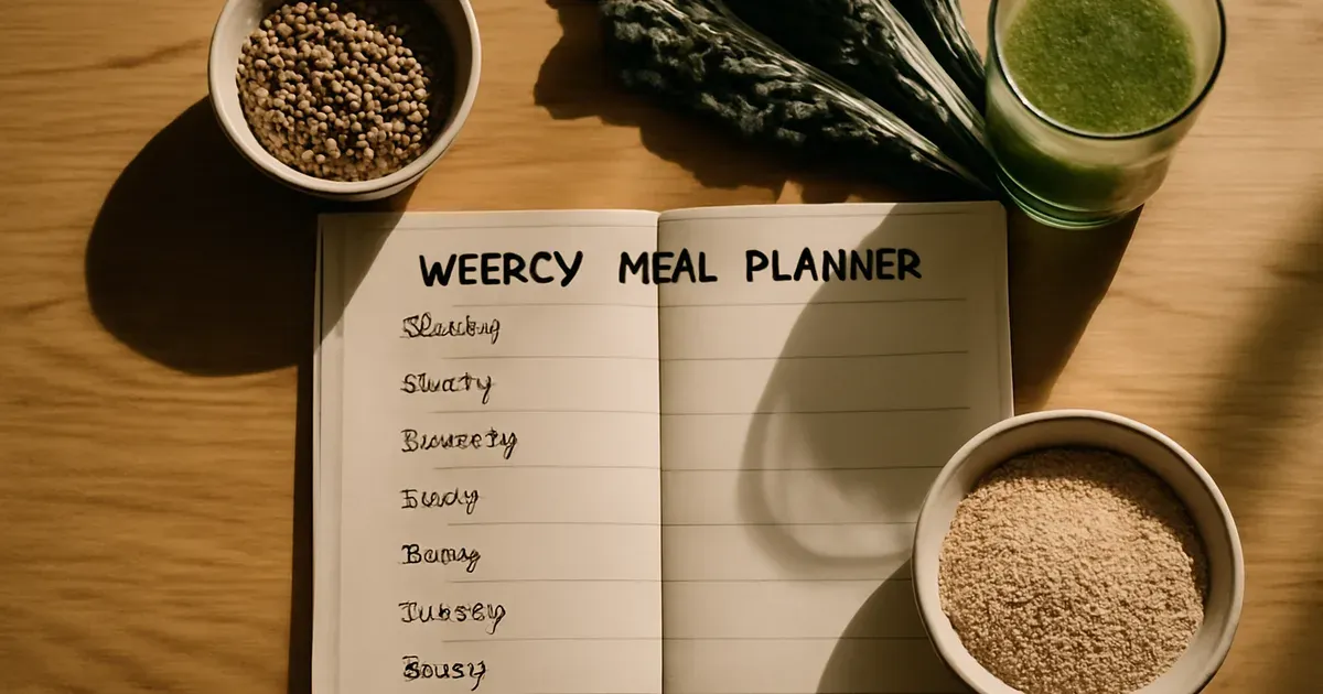 Wholesome meal plan with whole grains, greens and juice supporting holistic nutrition and microbiome health