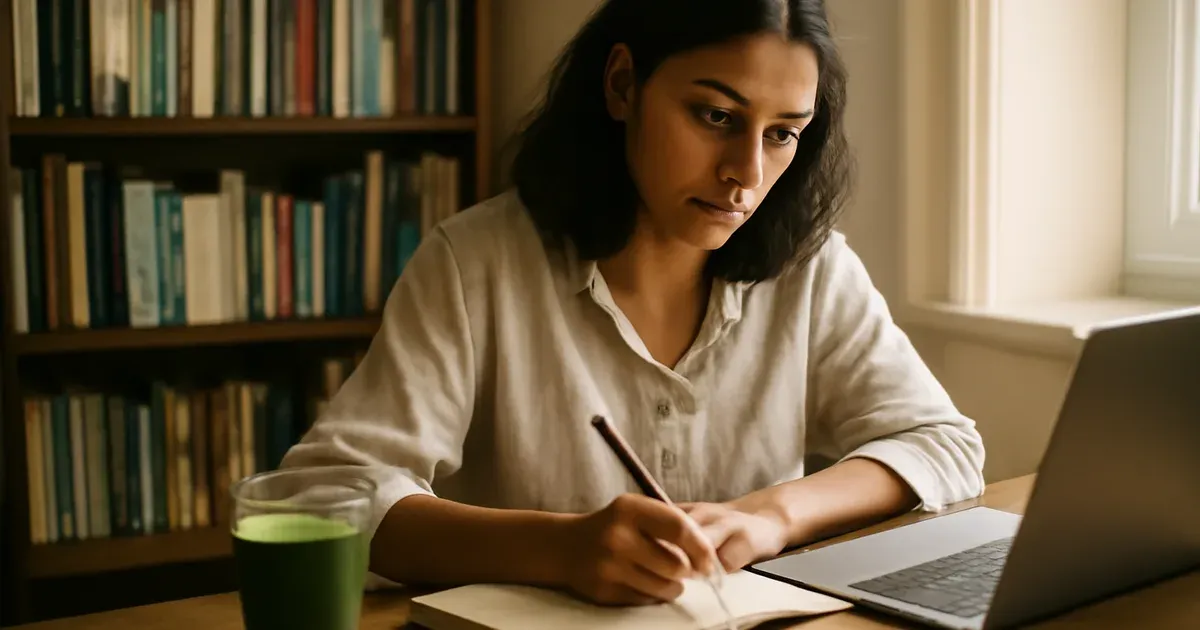 Person studying holistic nutrition courses online with journal and green smoothie for gut health