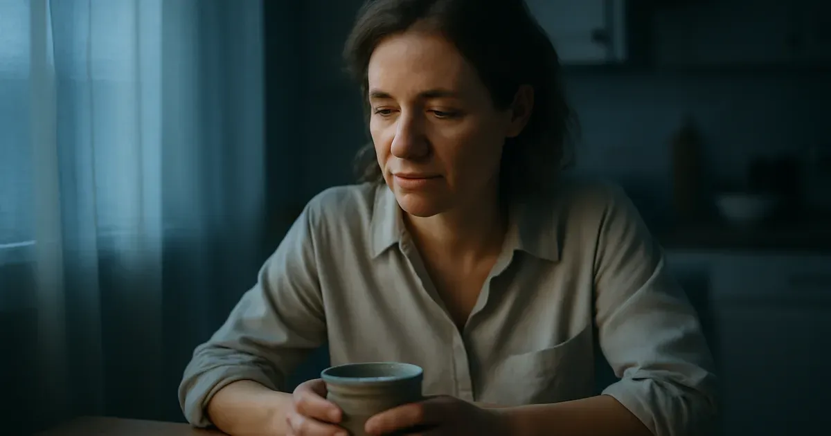 Midlife woman sitting at kitchen table at dawn reflecting on cortisol during menopause