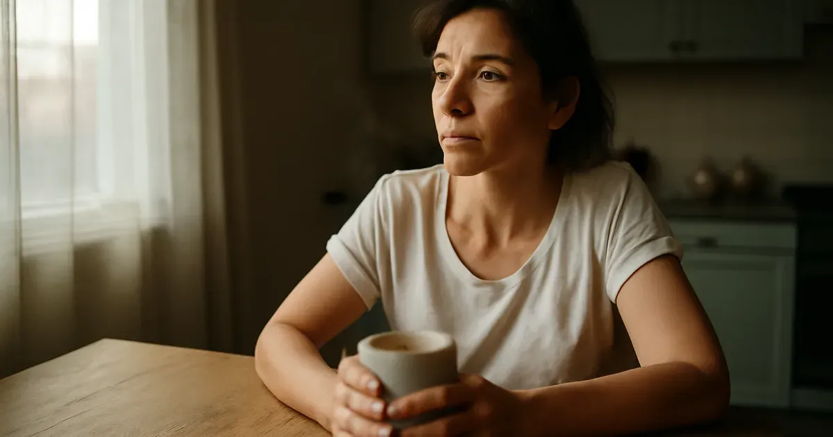 Midlife woman managing cortisol during menopause sitting calmly at kitchen table in morning light