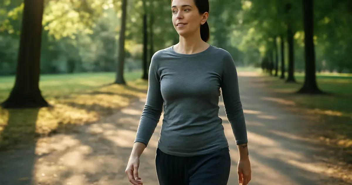 Woman in her 40s walking briskly in park to regulate catecholamines and cortisol during menopause