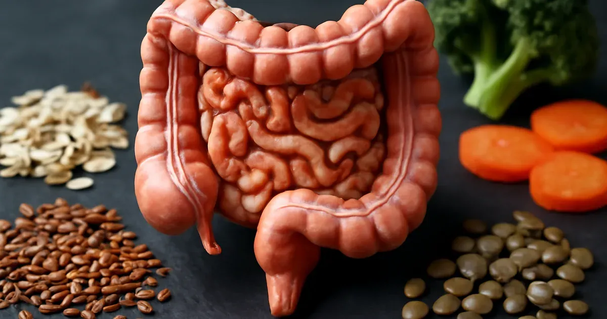 Gut microbiome illustration surrounded by fiber-rich prebiotic foods like lentils, oats and flaxseed