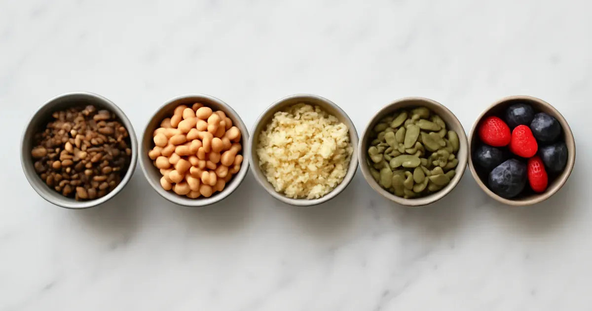 Five bowls of high-protein high-fiber foods including lentils, chickpeas, quinoa, and berries for protein and fiber balance