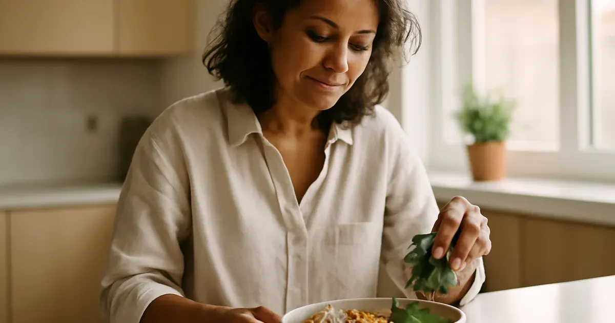 Woman building a balanced protein and fiber meal with chicken, chickpeas and leafy greens in a bright kitchen
