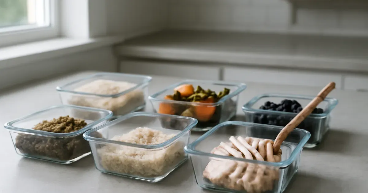 Weekly meal prep containers showing balanced protein and fiber foods for gut health and microbiome support