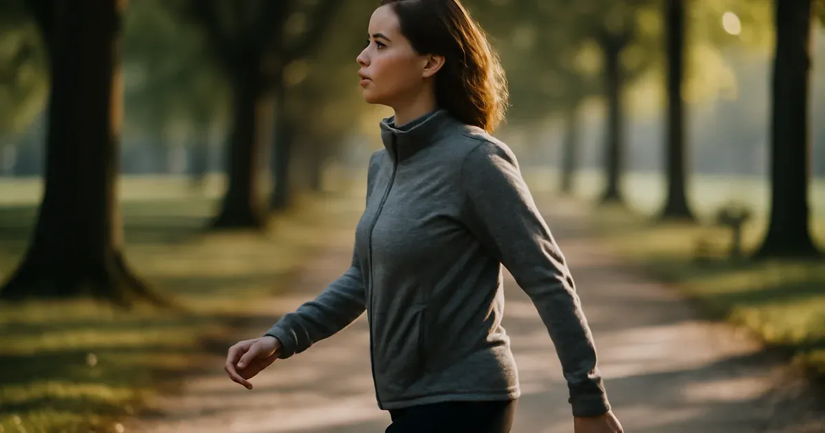 Woman in midlife walking for exercise to support gut-brain axis and natural GLP-1 levels
