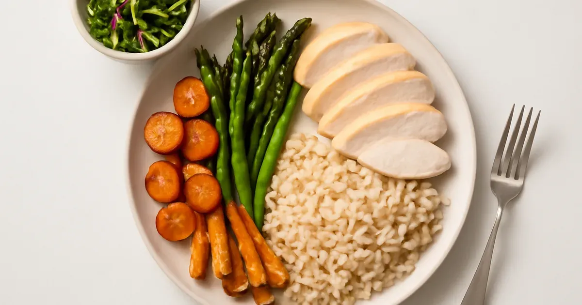 Plate Method dinner with vegetables, protein and whole grains to support GLP-1 meal sequencing