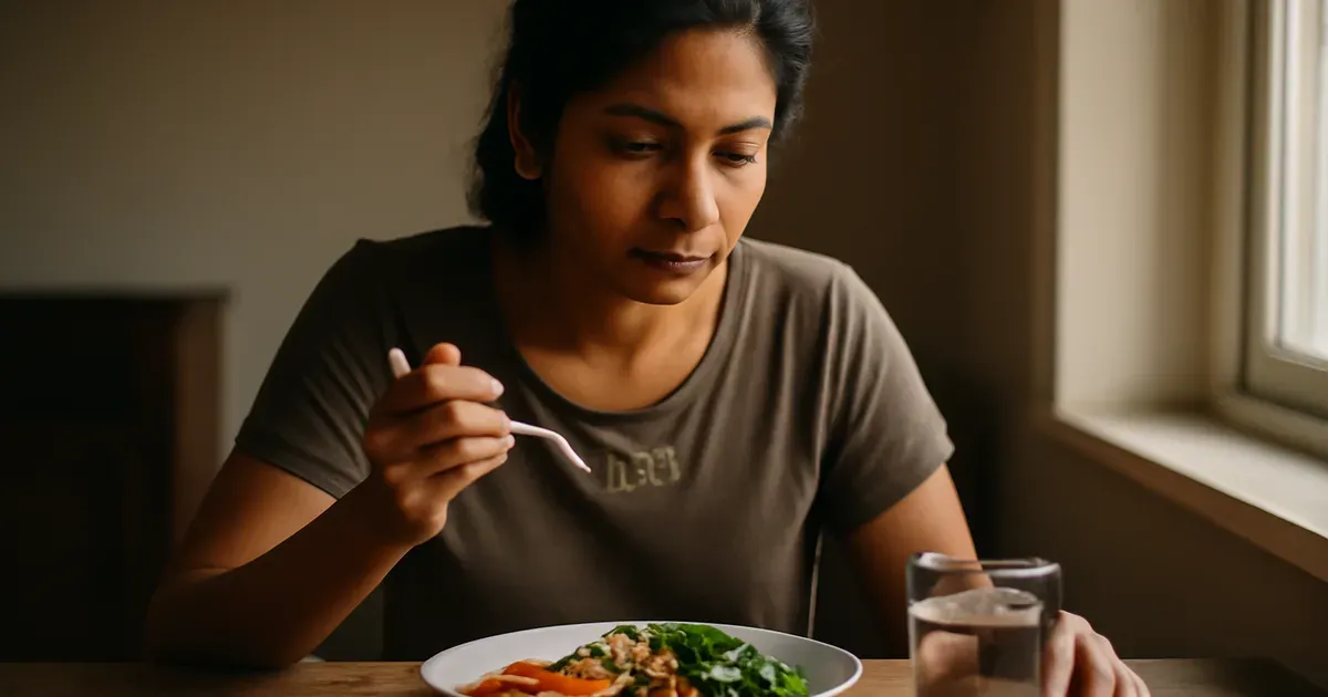 Woman eating slowly and mindfully to support GLP-1 production and gut-brain axis signalling