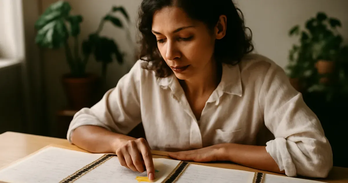 Person reviewing multiple weeks of gut health journal entries to spot microbiome and mood patterns