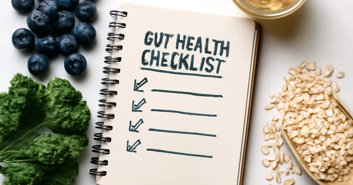 Completed gut health journal checklist surrounded by diverse plant foods representing microbiome-friendly diet