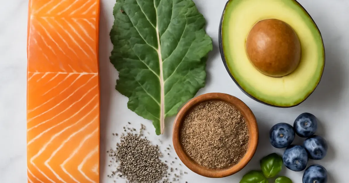 Anti-inflammatory diet core foods including kale, salmon, chia seeds, flaxseed, blueberries, and avocado on marble
