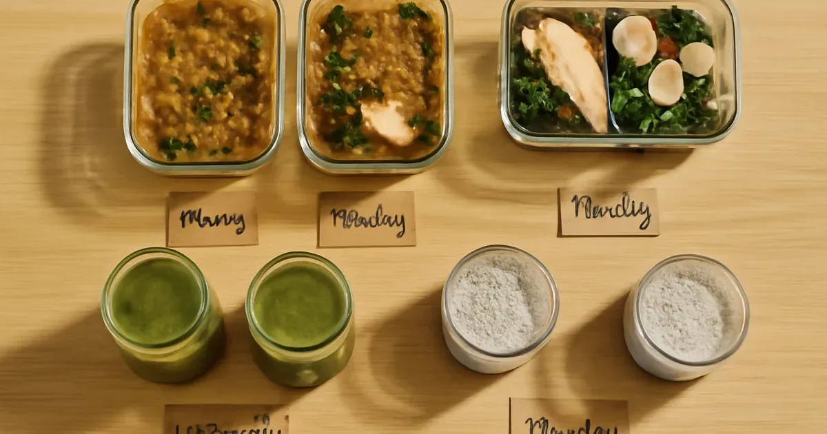 Weekly anti-inflammatory diet meal prep containers showing 7 days of breakfasts, lunches, and dinners