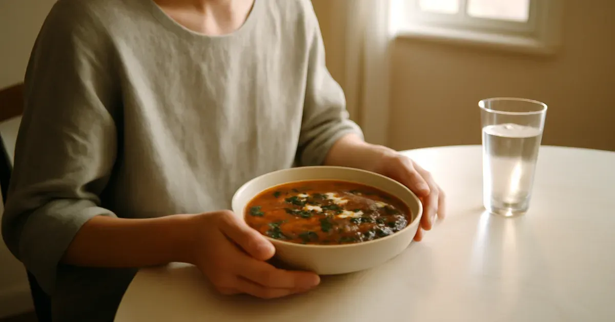 Person eating anti-inflammatory lentil soup at a bright dining table supporting gut health and the gut-brain axis