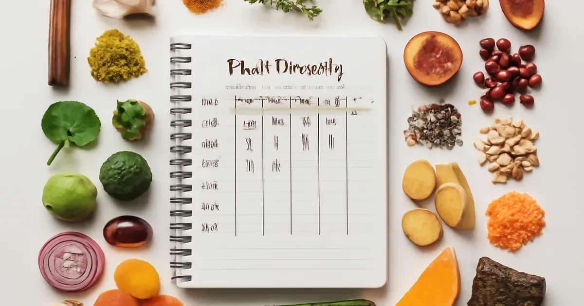 Handwritten 30-plant diversity tracker surrounded by varied plant foods for gut microbiome health in the UK