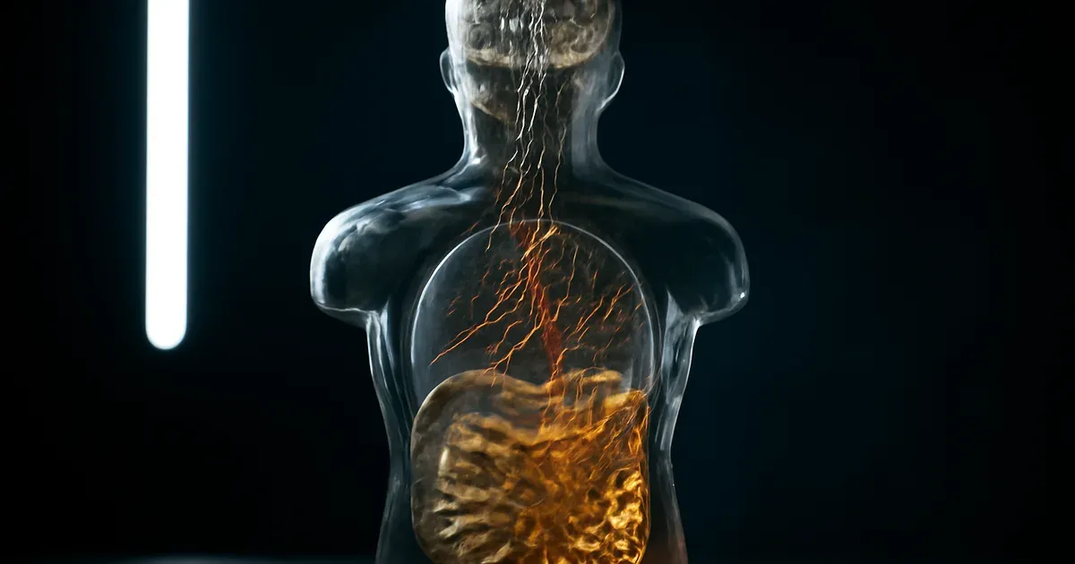 Scientific illustration of the gut-brain axis showing neural connections between brain and intestines
