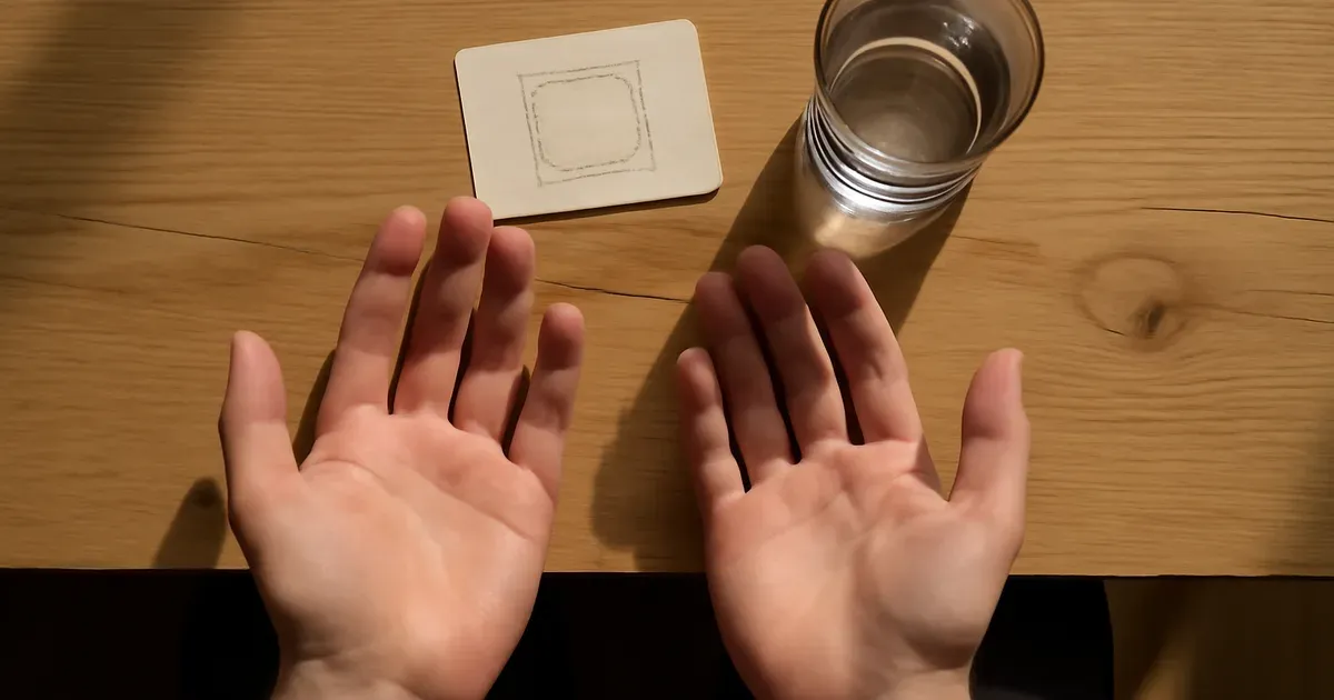 Hands in meditation posture with breathing guide card, illustrating breathwork practice for gut health